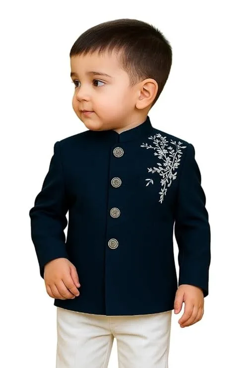 Baby Boy Sherwani Set Navy Blue Embroidered Jacket with White Cotton Pant | Kids Kurta Pajama Traditional Dress for Boys 1-8 Years Wedding & Festival Outfit