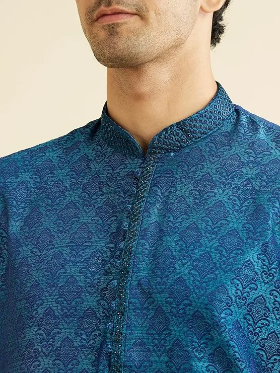 Manyavar Men's Embroidered Knee Long Full Sleeves Kurta Pyjama Set (2pcs)