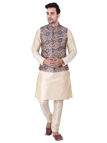 HUZUR Men's Silk Kurta Pyjama/Pajama with Red Single Print Red/Chiku Base Nehru Jacket Set