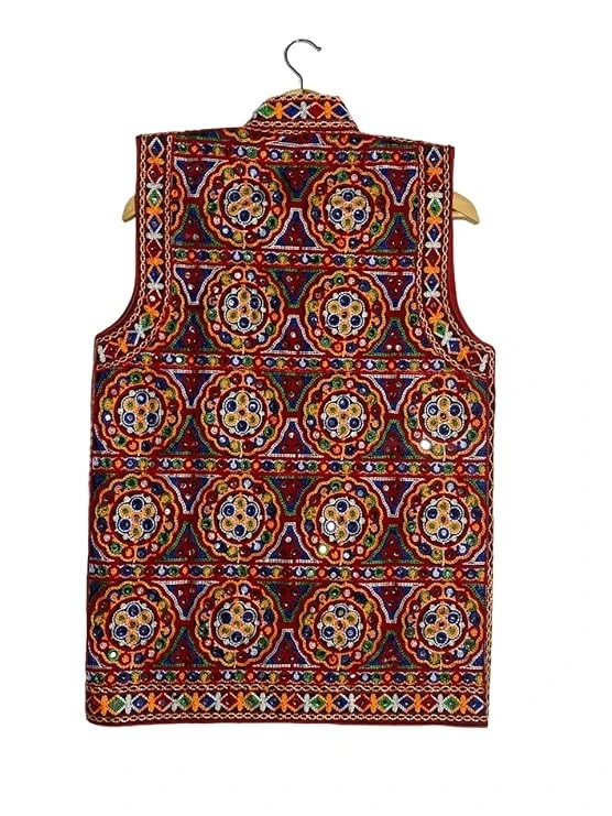 Sclout Men's Tradiotional Pure Cotton Embroidered Mirror Work Waist Coat Ethnic Navratri Special Jacket For Men (Free Size 44")