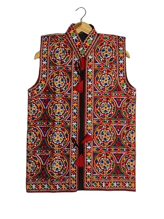 Sclout Men's Tradiotional Pure Cotton Embroidered Mirror Work Waist Coat Ethnic Navratri Special Jacket For Men (Free Size 44")
