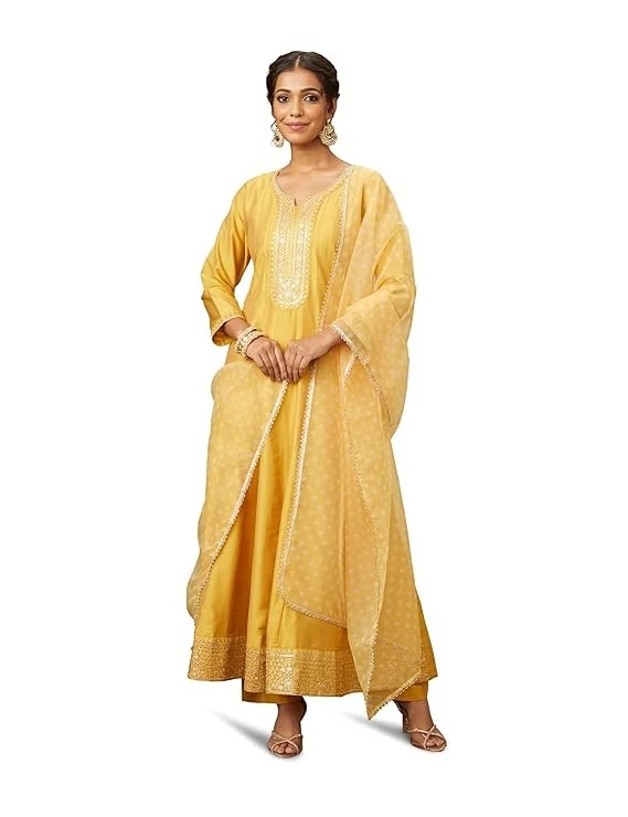 Amazon Brand - Myx Women's Embroidered Anarkali Kurta Pant Set with Organza Dupatta | Viscose,Rayon | A-line fit