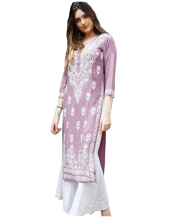 ANNI DESIGNER Women's Cotton Blend Straight Fit Straight Chikankari Embroidered Kurta