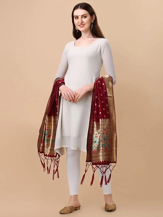 DEVANGI Women's Woven Paithani Banarasi Silk Dupatta/Chunni For Women, Animal Print 1 Meter Wide and 2.3 Meter Length Printed Designer Dupatta/Chunni For Girls