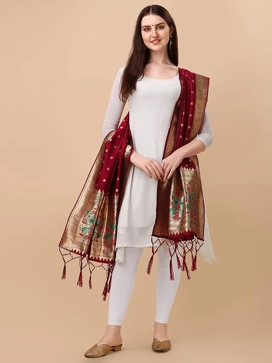 DEVANGI Women's Woven Paithani Banarasi Silk Dupatta/Chunni For Women, Animal Print 1 Meter Wide and 2.3 Meter Length Printed Designer Dupatta/Chunni For Girls