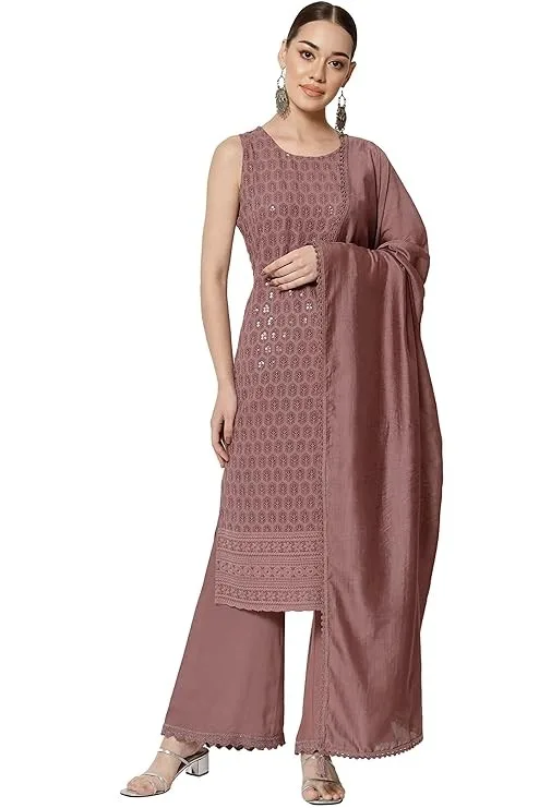 SHOPPING QUEEN Women's Rayon Chikankari Lucknowi Kurta Palazzo with Dupatta Set