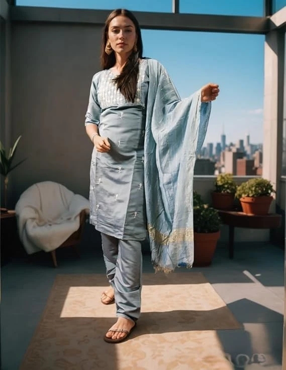 Silk Salwar Suit Set for Women with Dupatta | CasualThree Piece Outfit with Embroidered Details | Suitable for Festive Dressing and Special Occasions - Grey