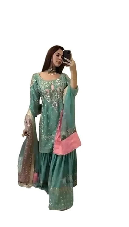 Prakirtee creation Women's Chinon Silk Heavy Embroidery Straight Kurta with Sharara and Dupatta Set