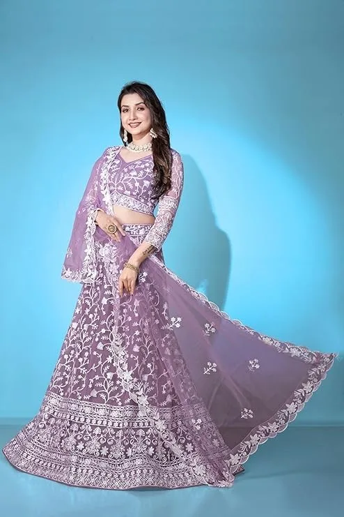 Varni Fabrics Lehenga set for Women Net Embroidered Semi Stitched Lehenga for Women Wedding Multi Niddle Work Ethnic Traditional Party Lehenga Choli with Dupatta | Free Size