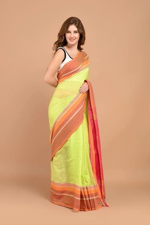 Bengal Street Cotton Saree | Office and Casual Wear - Lime Green