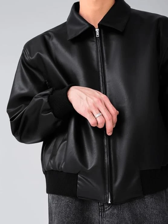 Men's Black Faux Leather Bomber Jacket With Front Zip Closure And Minimal Design For Casual Or Semi Formal Look