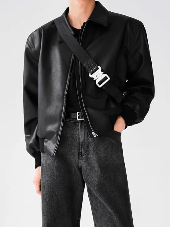 Men's Black Faux Leather Bomber Jacket With Front Zip Closure And Minimal Design For Casual Or Semi Formal Look