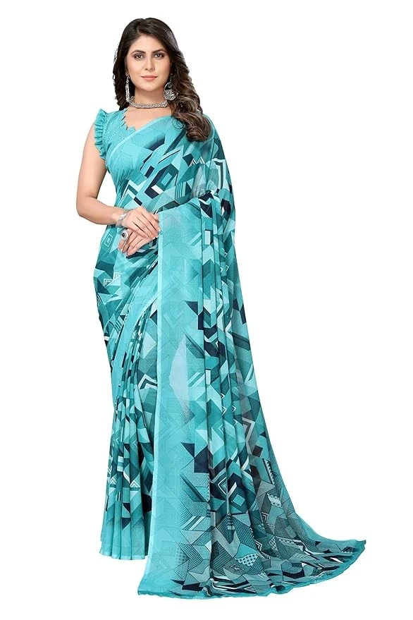 Yashika Women's Trendy Printed Georgette Red Color Saree with Blouse Material
