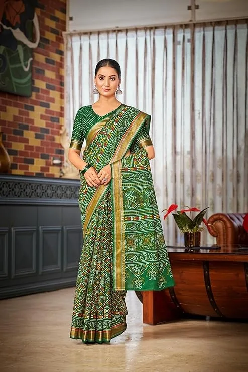 RV CREATION Pure Cotton Bandhani Printed Saree With Golden Zari Border & Bandhani Print, Cotton Blouse Piece