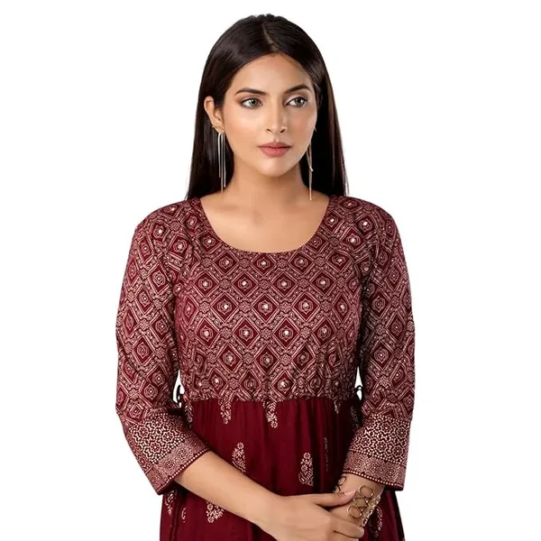 Cloth Bites Anarkali Kurti for Women Rayon Traditional Ankle Length Kurta with 3/4 Sleeves Floral Foil Print Casual Ethnic Wear Dress