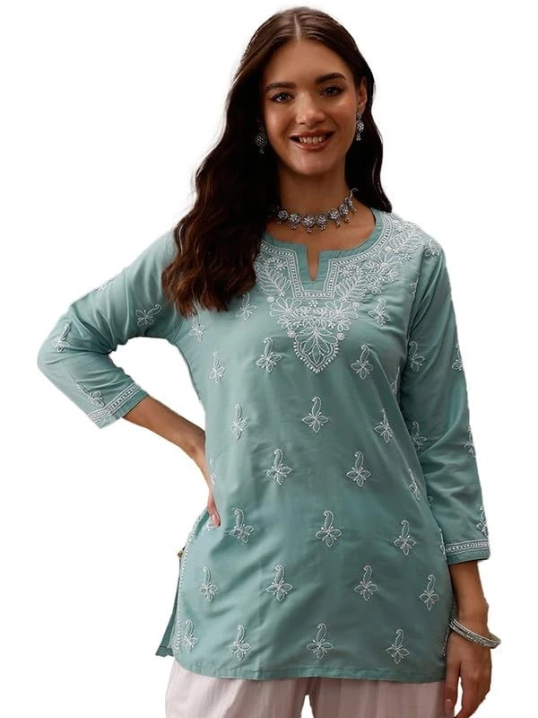 Ada Women's Muslin Regular Fit Tunic Hand Embroidered Lucknowi Chikankari Short Kurti Top A911433