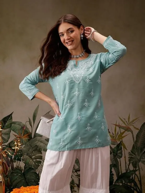 Ada Women's Muslin Regular Fit Tunic Hand Embroidered Lucknowi Chikankari Short Kurti Top A911433