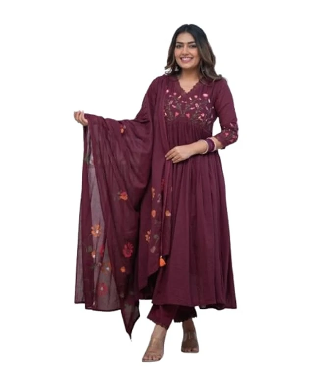 MERAKE CREATIONS Women's Cotton Embroidered Long Anarkali Kurti with Pant and Dupatta Set