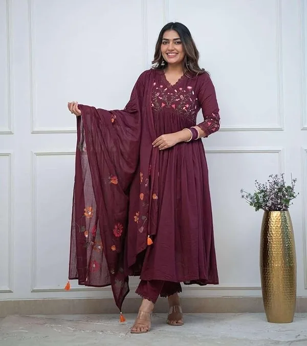 MERAKE CREATIONS Women's Cotton Embroidered Long Anarkali Kurti with Pant and Dupatta Set