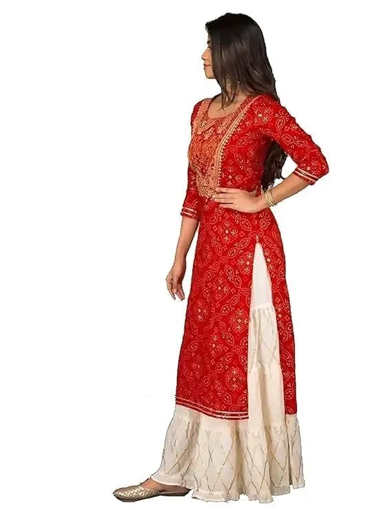 PK MART Women’s Rayon Kurta and Palazzo Set – Golden Foil Printed, 3/4 Sleeve Round Neck, Perfect for Casual, Party