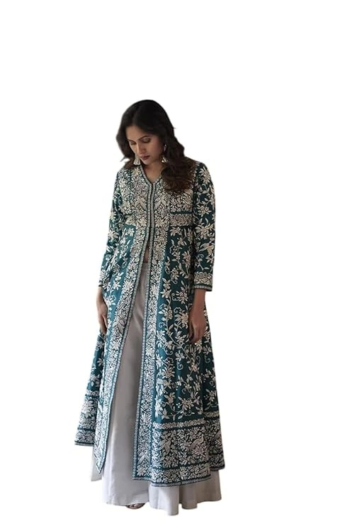 Shresthm Women's Cotton Embroidery A-line Kurti with Palazzo Set