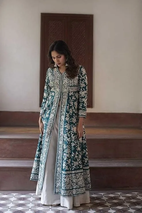Shresthm Women's Cotton Embroidery A-line Kurti with Palazzo Set