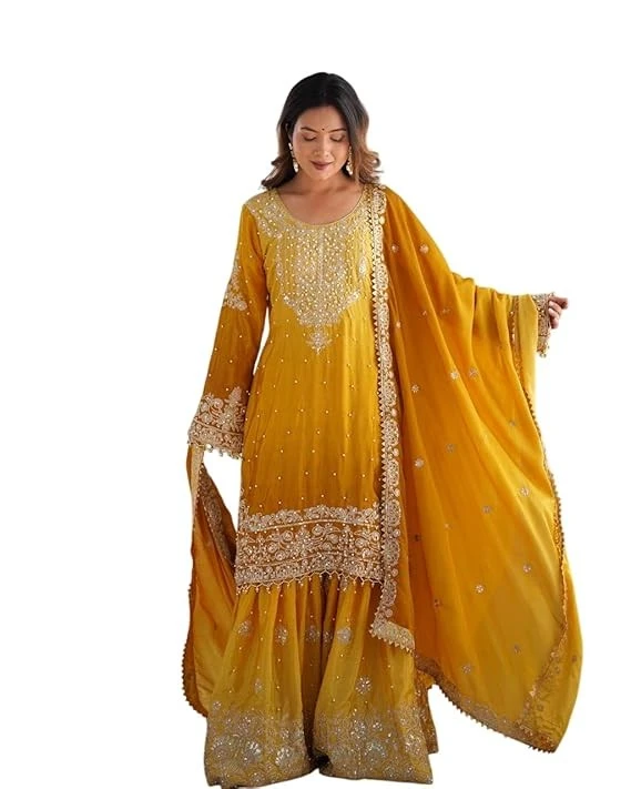 Prakirtee creation Women's Chinon Silk Sequence with Rivet Moti Work Straight Kurta with Sharara and Dupatta Set