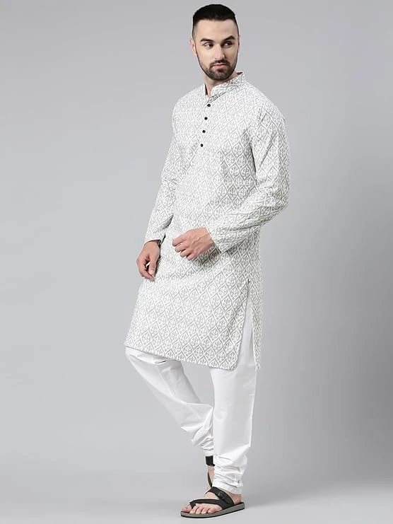 Majestic Man Men's Cotton Regular Fit Casual Mandarin Collar Ethnic Motifs Printed Long Regular Kurta