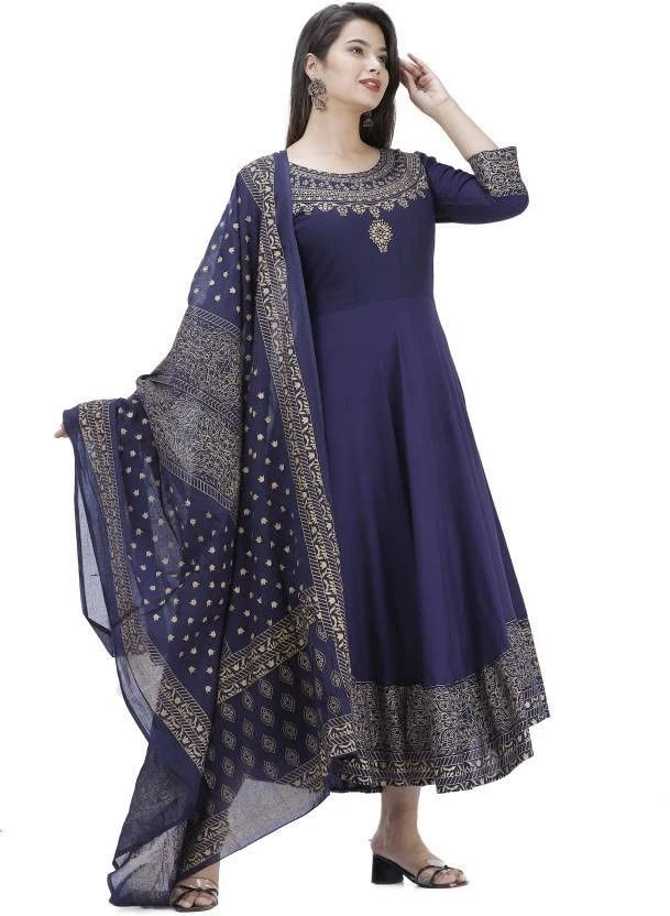 Women's Rayon Gold Printed Anarkali Kurti with Dupatta