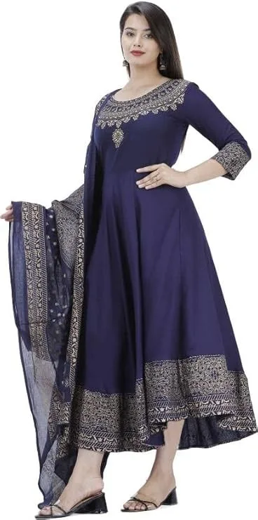 Women's Rayon Gold Printed Anarkali Kurti with Dupatta