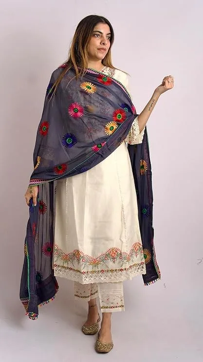 28Rajya Floral Embroidered Chiffon Dupatta with Multicolor Border | Lightweight & Soft | Casual Wear Dupatta
