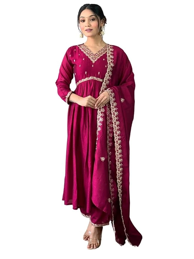 PURVIDHA Women's Vichitra Silk Embroidered V Neck 3/4th Sleeves Anarkali Kurta with Pant and Dupatta Sets | Kurti Pant Set For Woman with Dupatta | Kurta Sets For | Cotton Kurti Latest