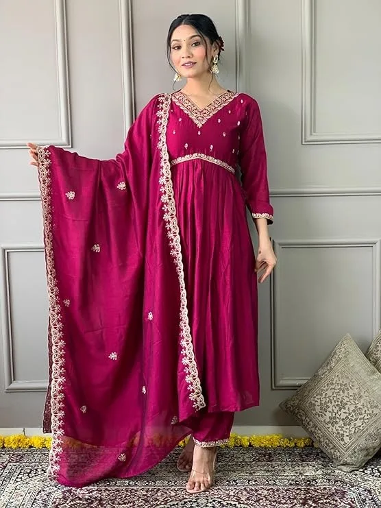 PURVIDHA Women's Vichitra Silk Embroidered V Neck 3/4th Sleeves Anarkali Kurta with Pant and Dupatta Sets | Kurti Pant Set For Woman with Dupatta | Kurta Sets For | Cotton Kurti Latest