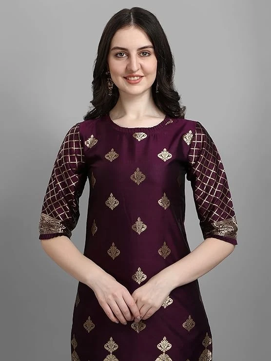 VredeVogel Women's Cotton Silk Jacquard Kurta Pant with Dupatta Set