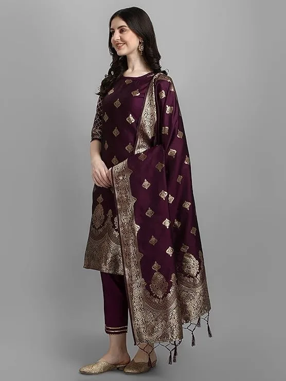 VredeVogel Women's Cotton Silk Jacquard Kurta Pant with Dupatta Set