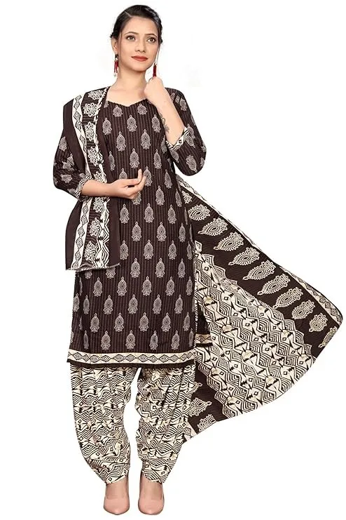 Rajnandini Women Brown Cotton Printed Ready To Wear Patiala Salwar Suit (Readymade_Rw4286-P)