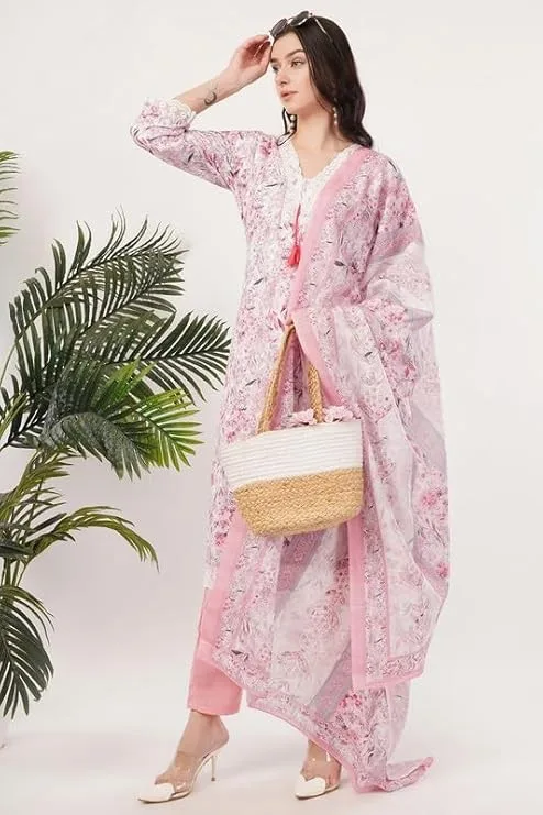 Ali Women's Pink & White Floral Print Cotton Salwar Kameez Suit - Comfortable & Stylish Traditional Outfit