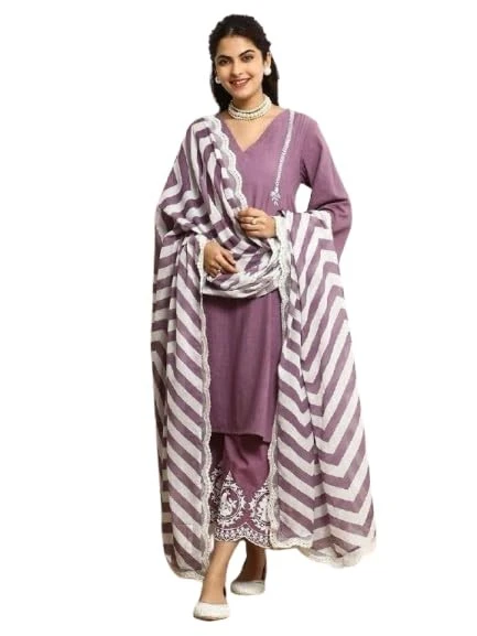 Women's Lavender Kurta Pant Set with Embroidered Palazzo & Chevron Dupatta, women's Kurta Pants Dupatta, Women's suit