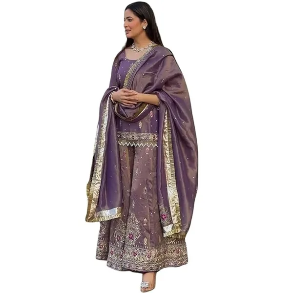 Purple Net Embroidered Sharara Suit with Dupatta | Ethic | dress | wedding | party | comfortable | heavy