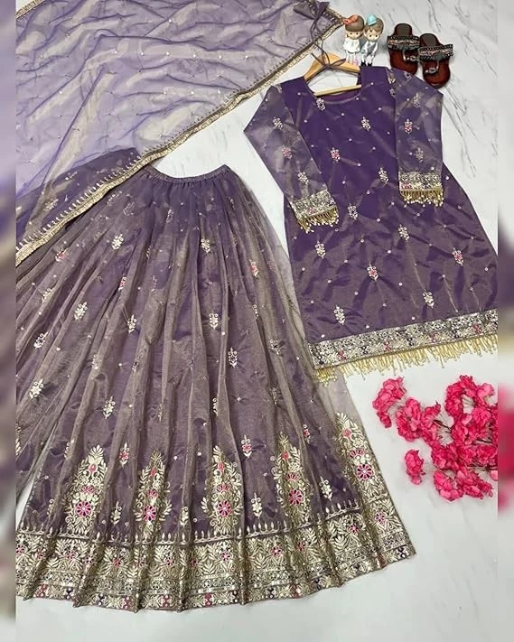 Purple Net Embroidered Sharara Suit with Dupatta | Ethic | dress | wedding | party | comfortable | heavy