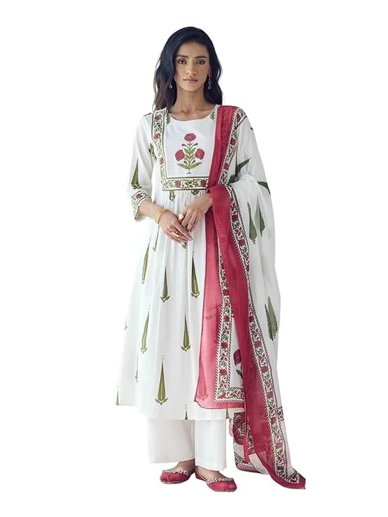 FIORRA Women's Off-White Printed Anarkali Kurta Set with Dupatta