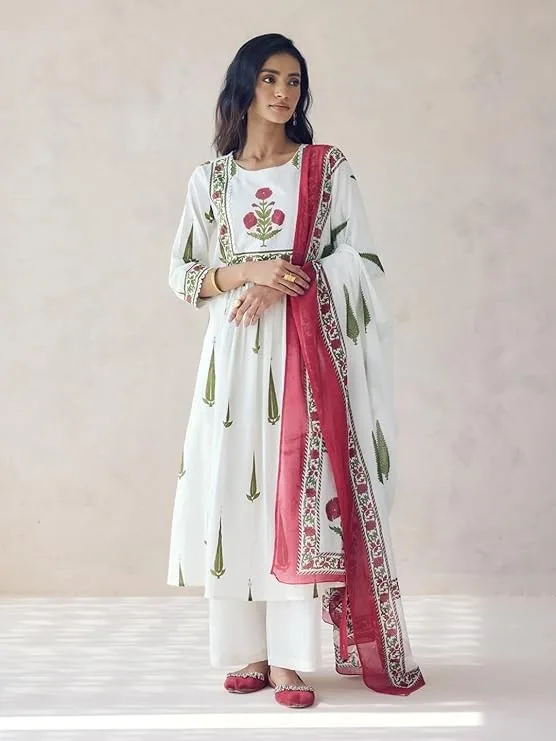 FIORRA Women's Off-White Printed Anarkali Kurta Set with Dupatta