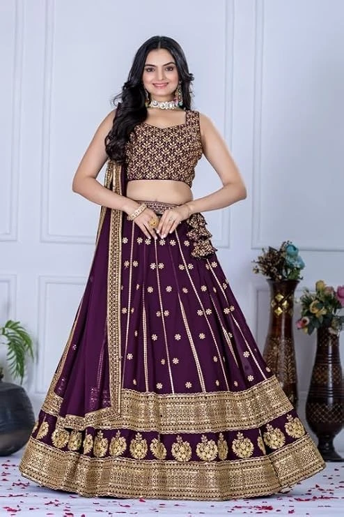 GRISTU Women's Fox Georgette Heavy Embroidery Thread & Sequence Work Lehenga and Unstitched Choli with Dupatta | Traditional Indian Outfit for Weddings and Festival