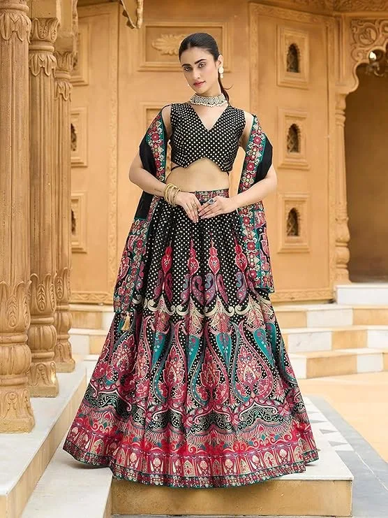 PURVAJA Women's Jacquard Semi-Stitched Lehenga choli