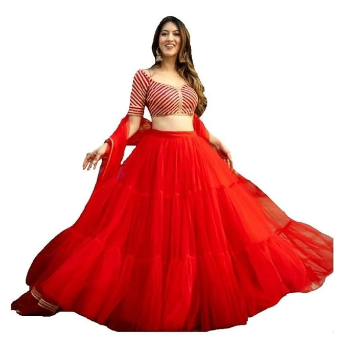 NPLASH FASHION Women's NET (Semi-Stitched Lehenga Choli_Red_Free Size)