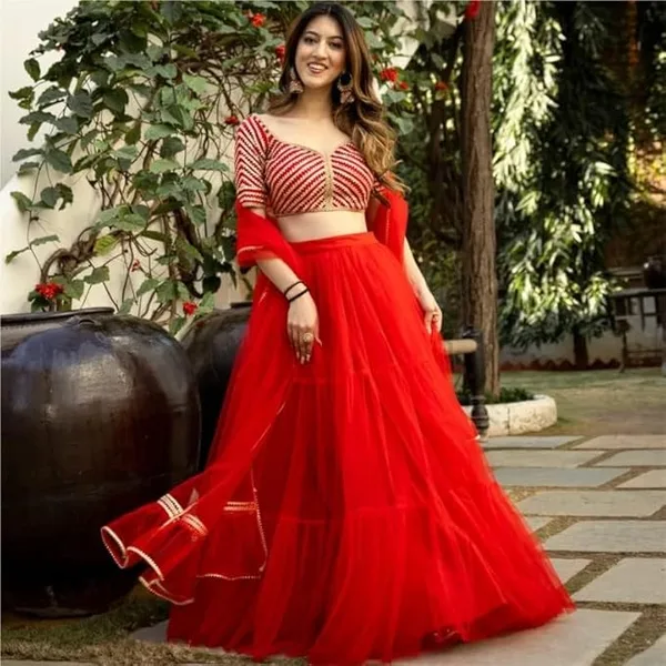 NPLASH FASHION Women's NET (Semi-Stitched Lehenga Choli_Red_Free Size)