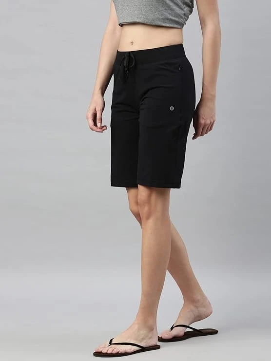 Enamor Mid Rise Knee Length Drawstring Closure City Shorts for Women - Slim Fit, Soft and Breathable Cotton - E044