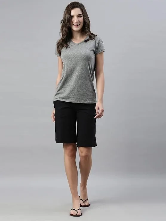 Enamor Mid Rise Knee Length Drawstring Closure City Shorts for Women - Slim Fit, Soft and Breathable Cotton - E044