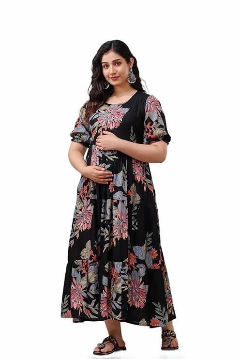 Somick Women's Rayon Anarkali Maternity Dress, Pregnancy Dress,Feeding Kurti,Easy Brest Feeding Dress, with Both Side 9 inch Zipper and Belt