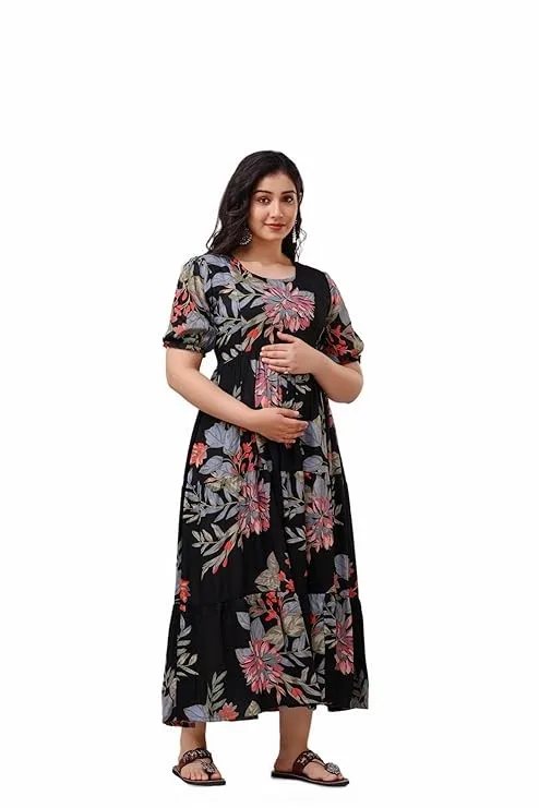 Somick Women's Rayon Anarkali Maternity Dress, Pregnancy Dress,Feeding Kurti,Easy Brest Feeding Dress, with Both Side 9 inch Zipper and Belt